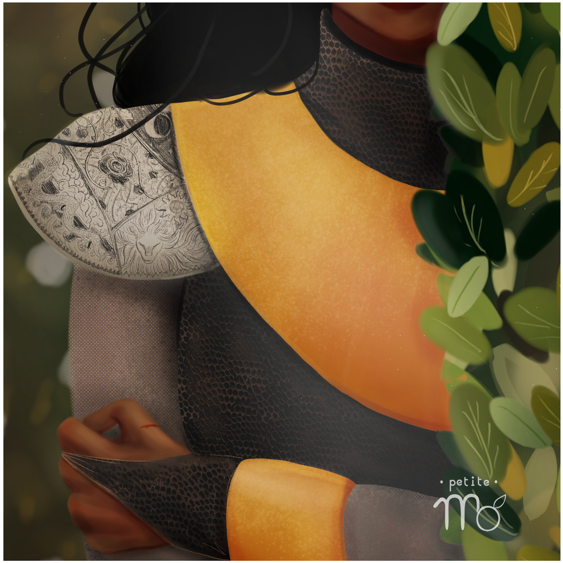 Illustration d'une guerrière blessée au bras, entre deux haies de jardins royaux. Illustration vendue sur la boutique en ligne Etsy @LesPetitsMo